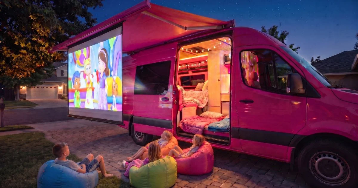 Dream Camp-Out outdoor movie screen and pink van at a family sleepover