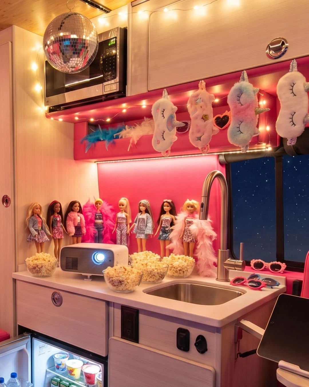 Movie projector, dolls, and snack station inside the Dream Camp-Out