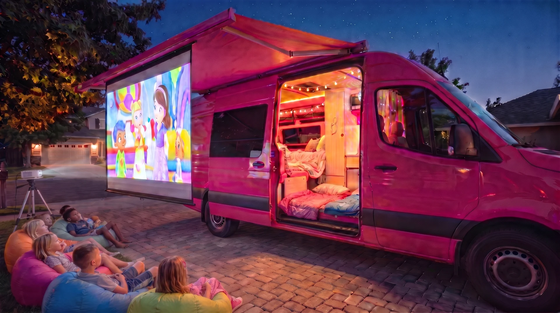 Dream Camp-Out outdoor movie night beside the pink mobile party van