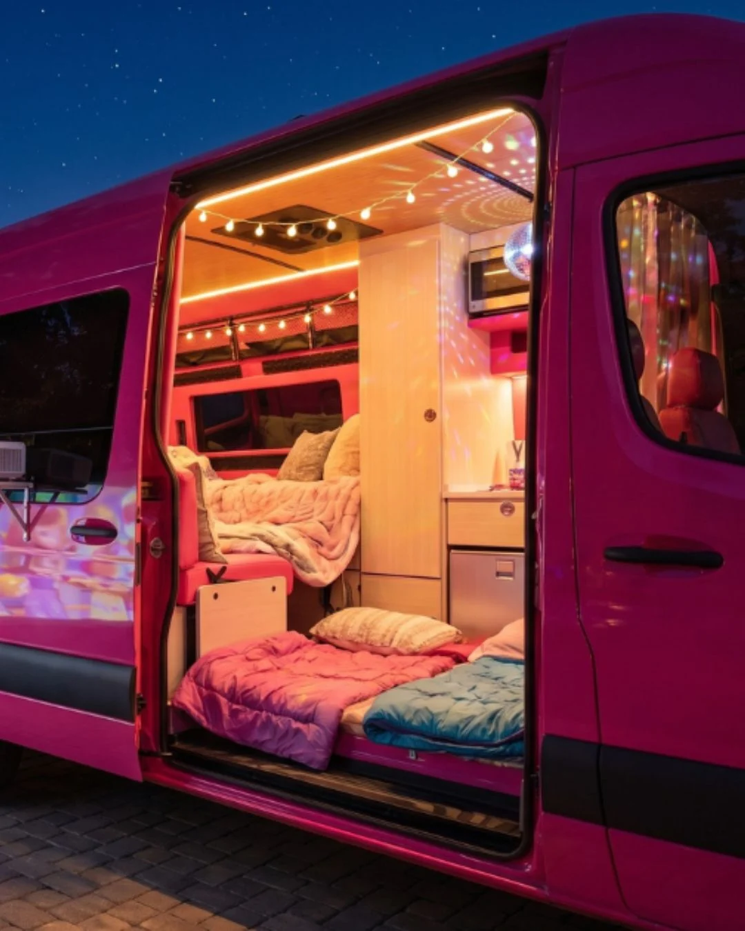 Open Dream Van showing the overnight bed setup for a driveway camp-out