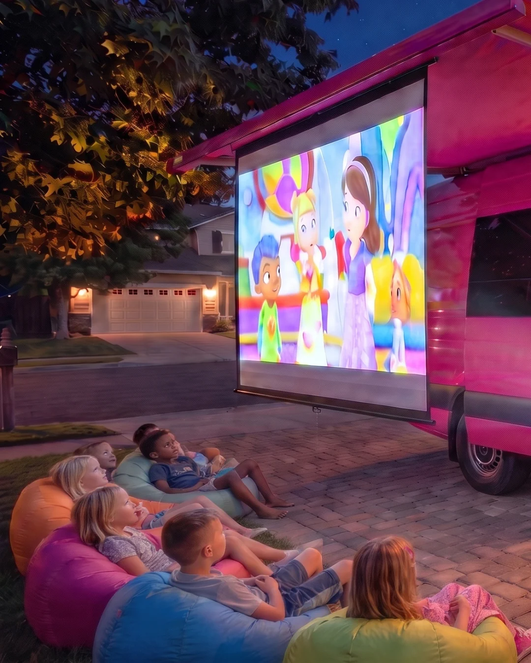Children watching an outdoor projector screen beside the pink Dream Van
