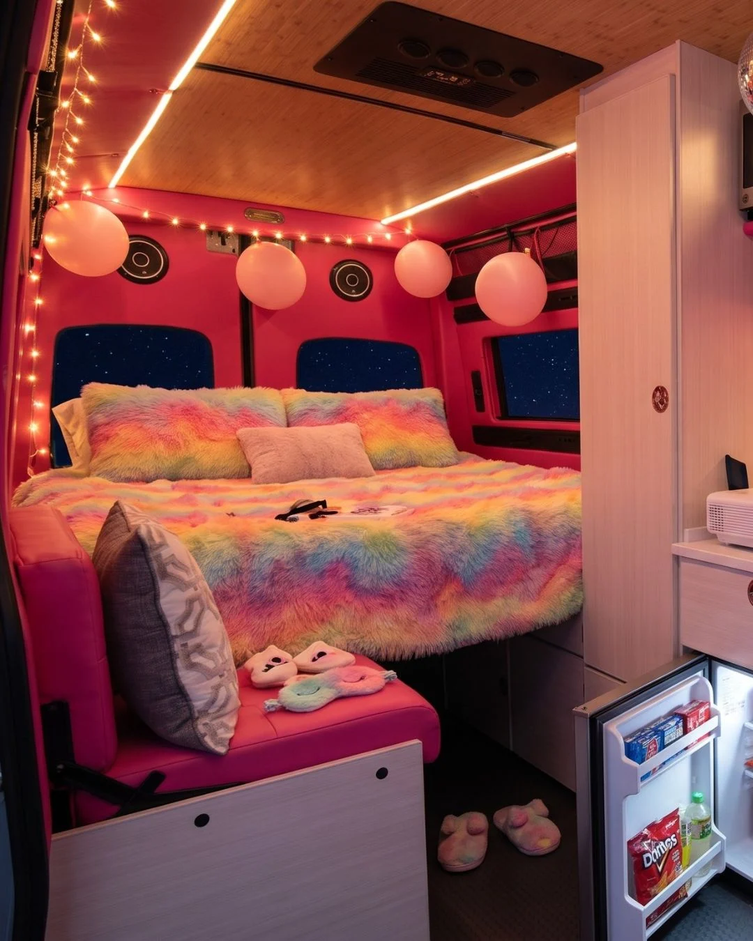 Dream Camp-Out sleepover bed and refreshments inside the pink Dream Van