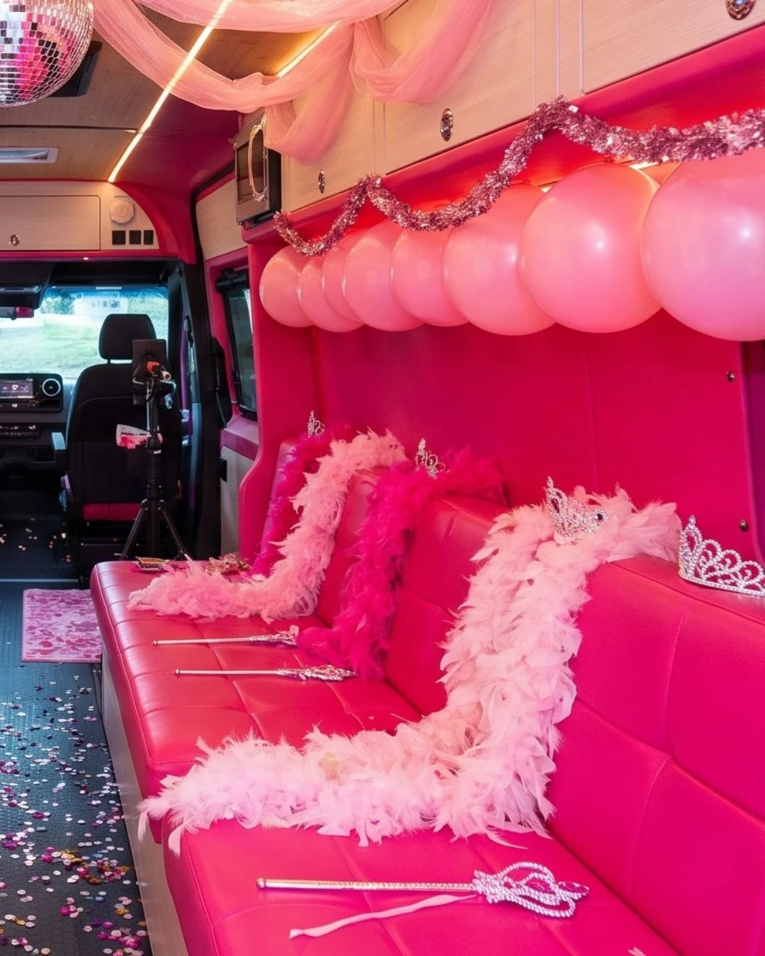 Feather boas and decorated pink seating for Dream Girl party photos