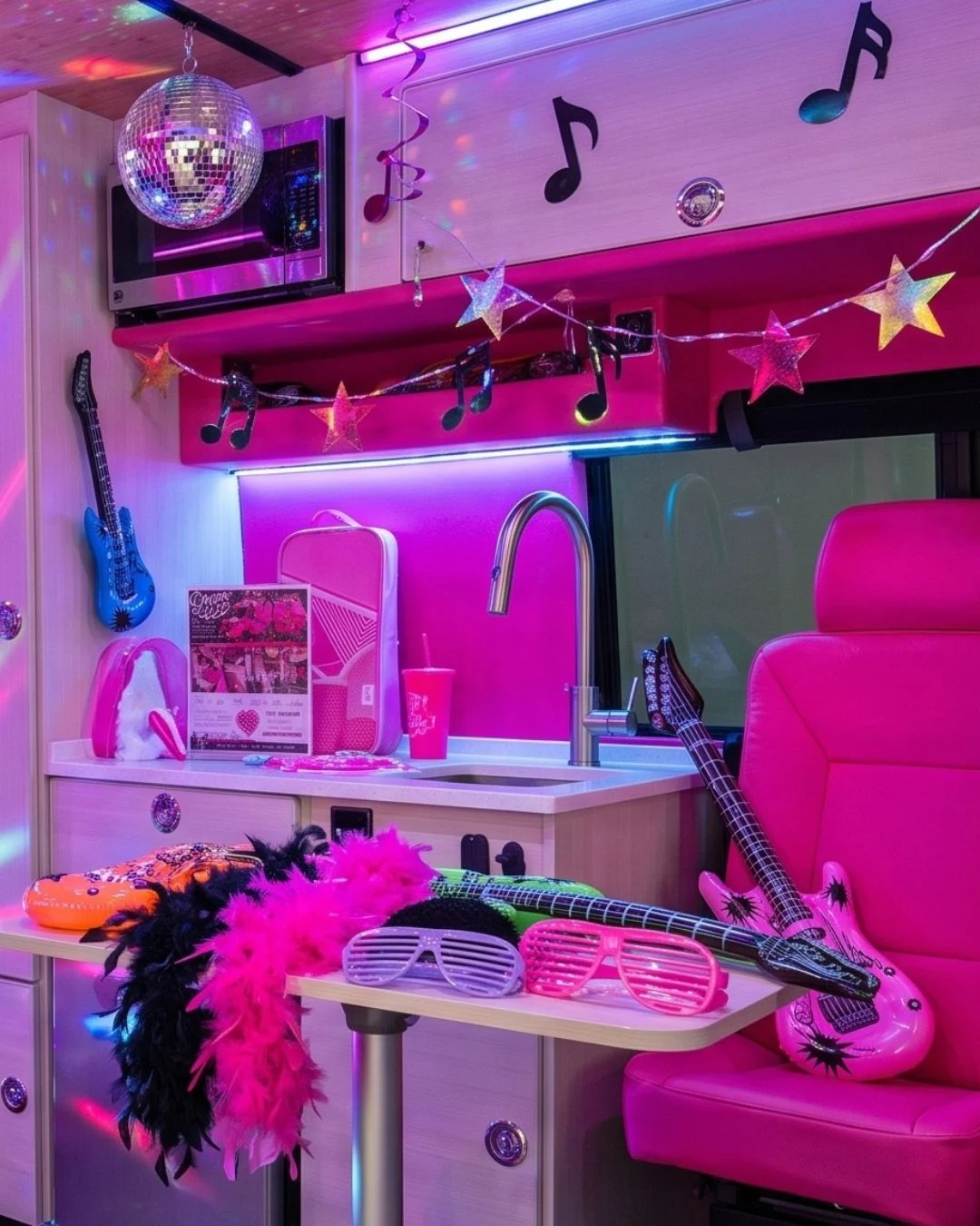 Pop Star disco lighting, instruments, and glam accessories inside the Dream Van
