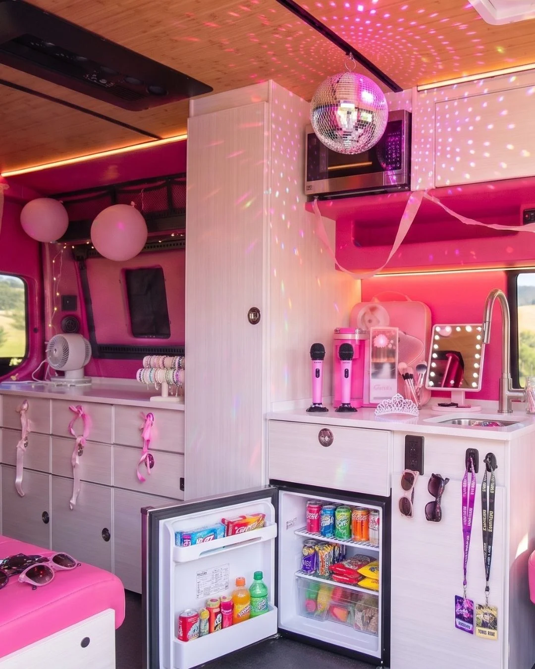 Pink microphone, tour passes, and glam station for a Pop Star party