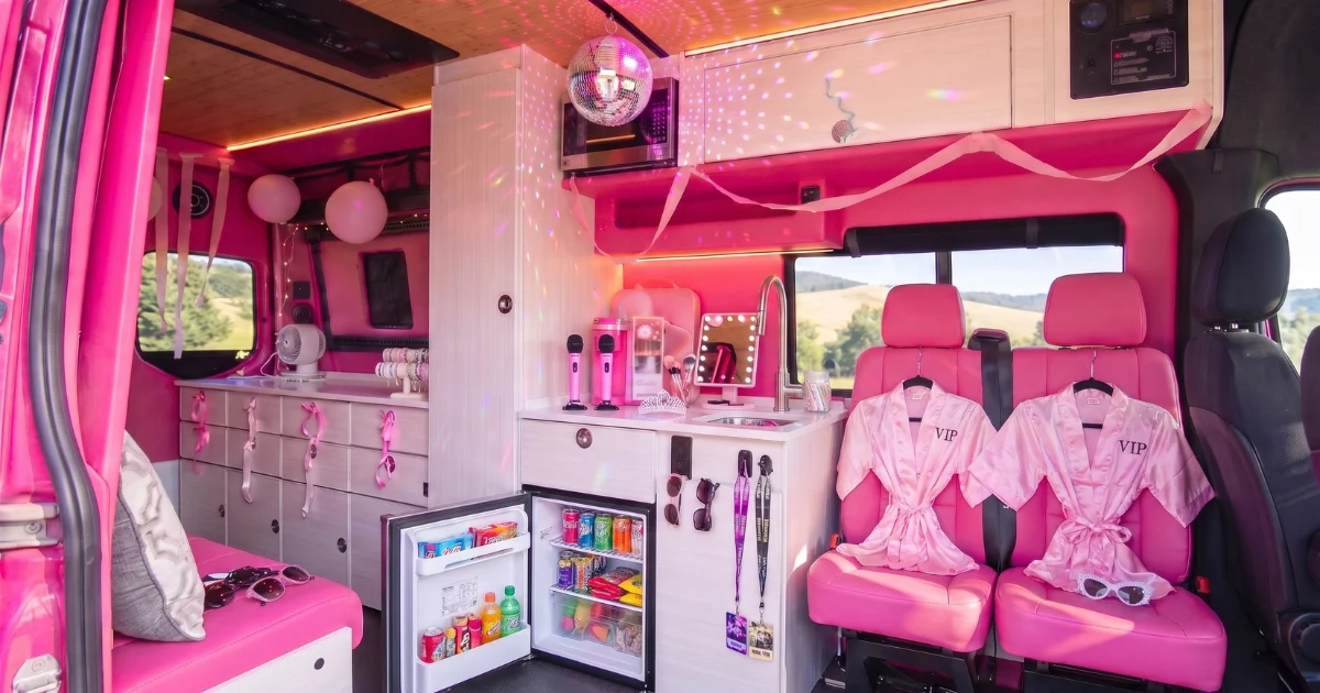 Pop Star party setup with VIP robes, glam accessories, and pink seating