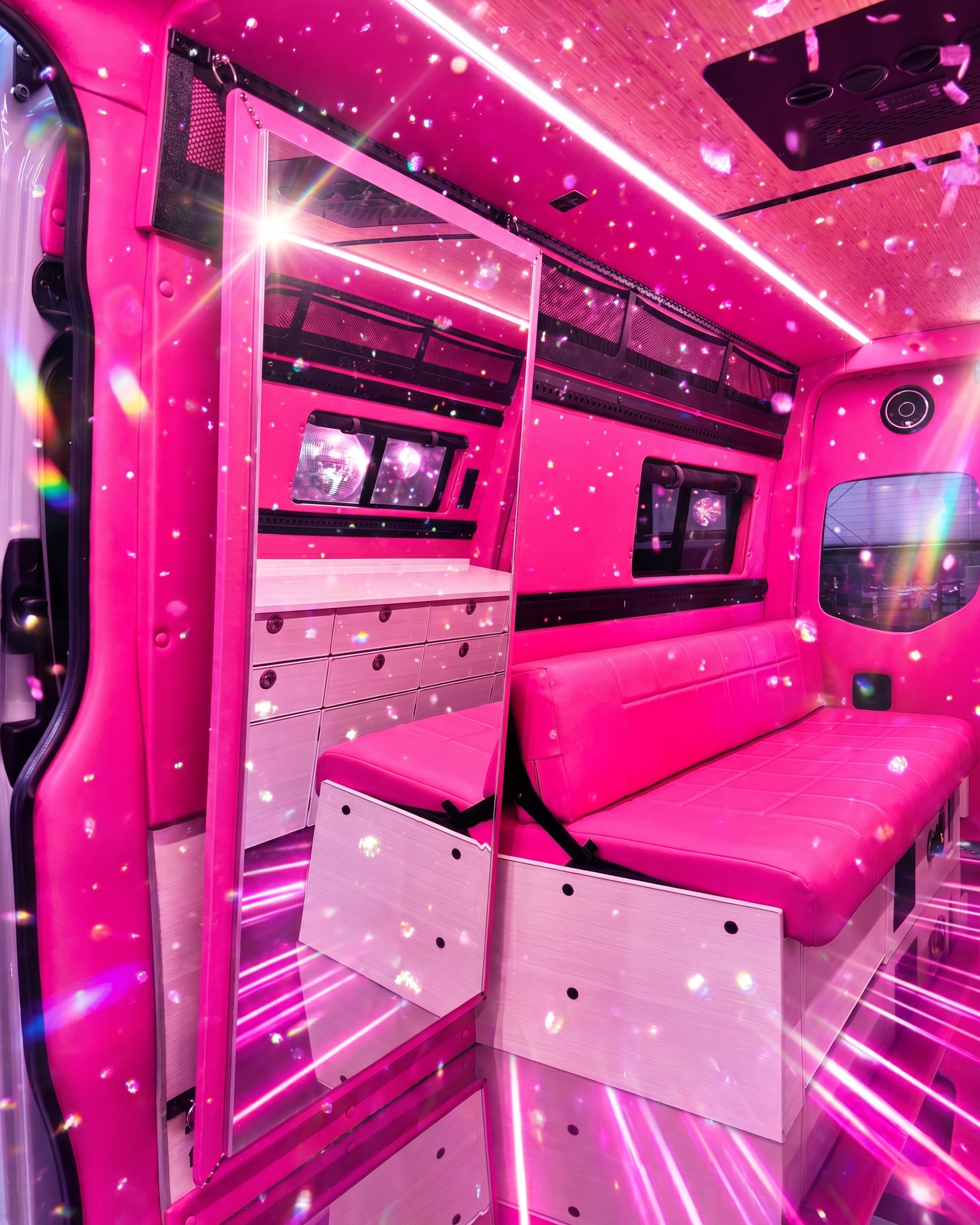 Disco-lit pink interior inside the Dream Van